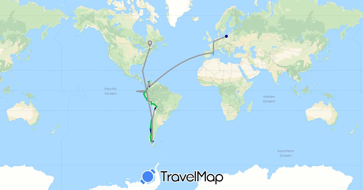 TravelMap itinerary: driving, bus, plane, boat in Argentina, Bolivia, Canada, Chile, Colombia, Cuba, Ecuador, Spain, France, Peru, Poland (Europe, North America, South America)